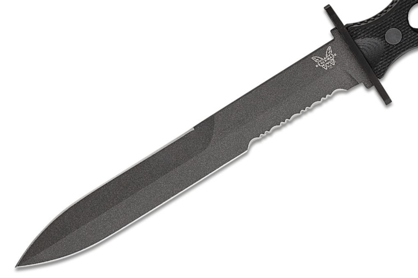 Benchmade SOCP 185SBK mes 18cm semi-gekant lemmet zwart G10 opengewerkt handvat met etui