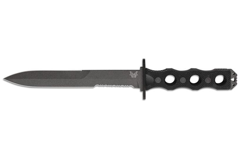 Benchmade SOCP 185SBK kniv 18 cm halvsaget blad svart G10 gjennombrutt håndtak med etui