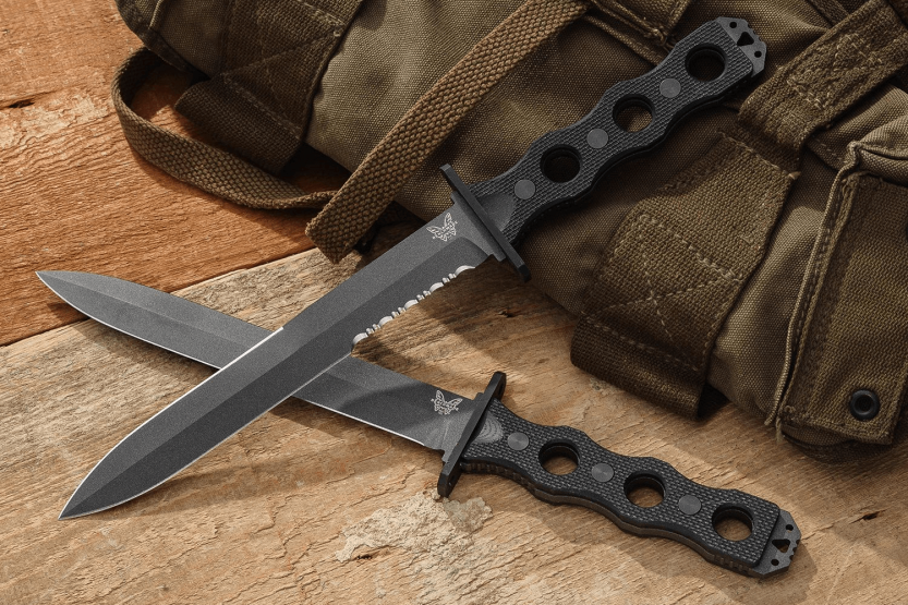 Benchmade SOCP 185SBK coltello 18cm lama semi-serrata manico nero G10 traforato con fodero