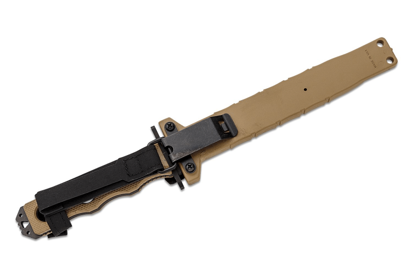 Benchmade SOCP 185SBK_1 kniv, 18 cm halvsavet klinge, taupe G10 gennembrudt håndtag med skede