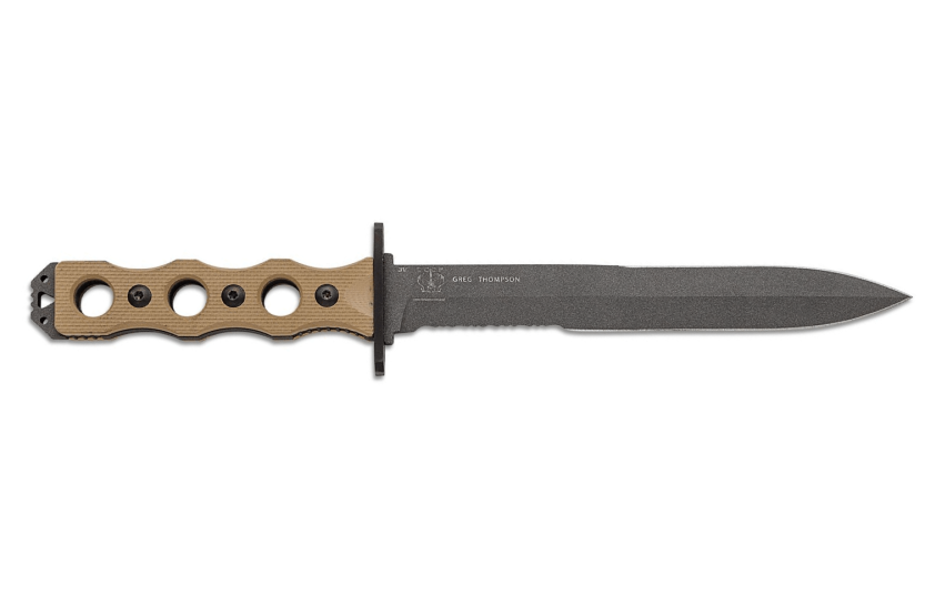Benchmade SOCP 185SBK_1 veitsi, 18cm puolihammastettu terä, taupe G10 kahva ja tuppi, jossa on avoin kahva