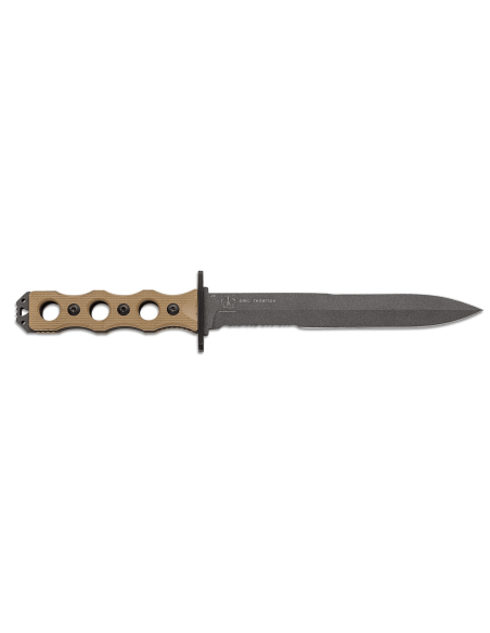 Coltello Benchmade SOCP 185SBK_1, lama semi seghettata da 18 cm, manico traforato in G10 color tortora con fodero