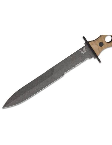 Benchmade SOCP 185SBK_1 kniv, 18 cm halvsavet klinge, taupe G10 gennembrudt håndtag med skede