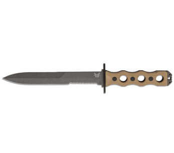 Coltello Benchmade SOCP 185SBK_1, lama semi seghettata da 18 cm, manico traforato in G10 color tortora con fodero