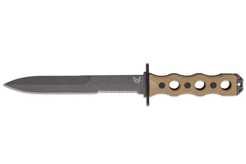 Benchmade SOCP 185SBK_1 mes, 18cm half-gekarteld lemmet, taupe G10 opengewerkt heft met schede