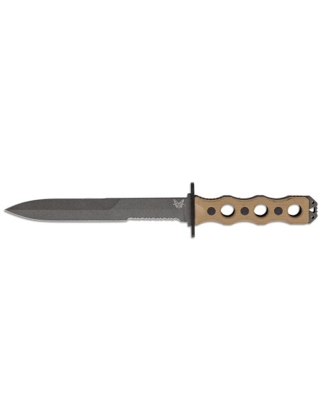 Coltello Benchmade SOCP 185SBK_1, lama semi seghettata da 18 cm, manico traforato in G10 color tortora con fodero
