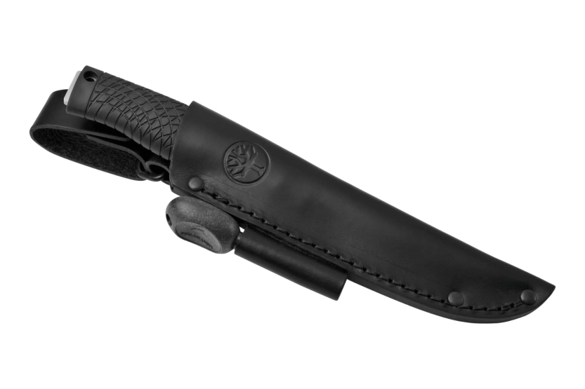 Böker Bronco Knife 121504 11.3cm steel blade black TPE handle + leather sheath with fire starter
