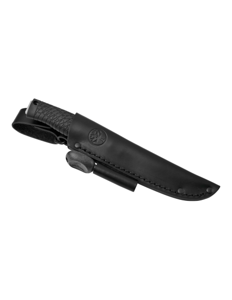Böker Bronco Messer 121504 Stahlklinge 11,3cm Griff aus schwarzem TPE + Lederetui mit Feuerzeug