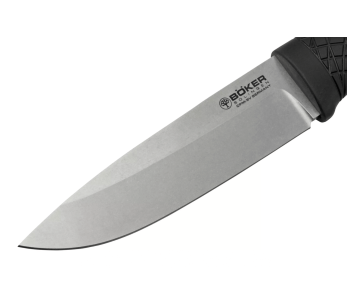 Böker Bronco Messer 121504 Stahlklinge 11,3cm Griff aus schwarzem TPE + Lederetui mit Feuerzeug 2