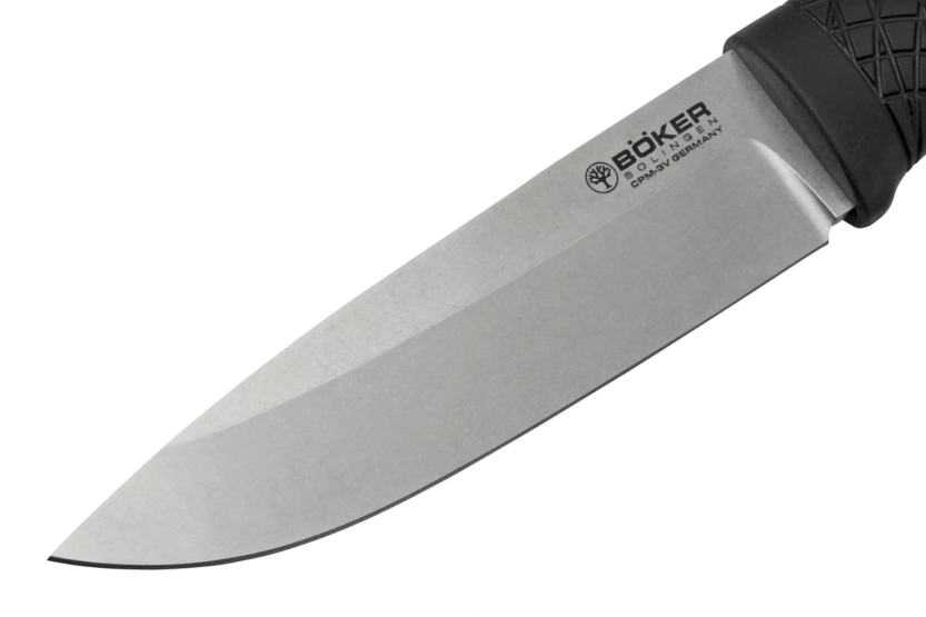 Böker Bronco Knife 121504 11.3cm steel blade black TPE handle + leather sheath with fire starter