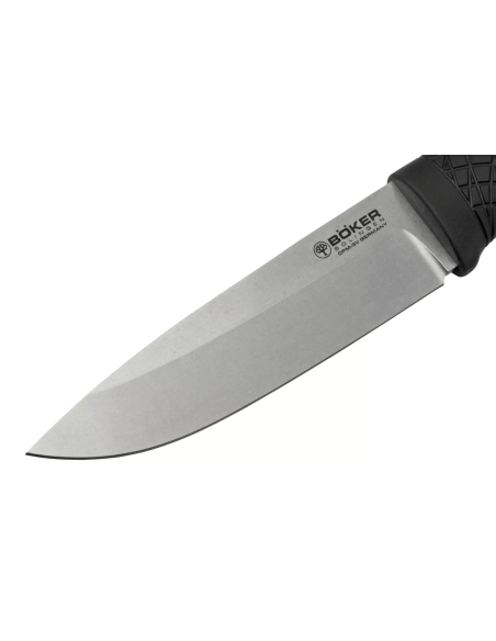 Faca Böker Bronco 121504 Lâmina de aço de 11,3 cm com cabo TPE preto + bainha de couro com iniciador de fogo