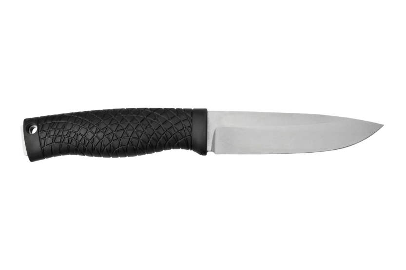 Böker Bronco Knife 121504 11,3 cm stålblad, svart TPE-håndtak + lærhylse med ildstarter