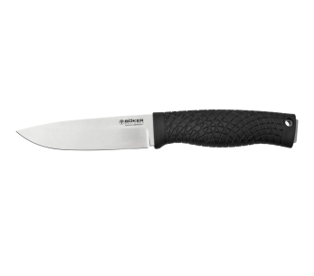 Cuchillo Böker Bronco 121504 Hoja de acero de 11,3 cm con mango de TPE negro + funda de cuero con iniciador de fuego