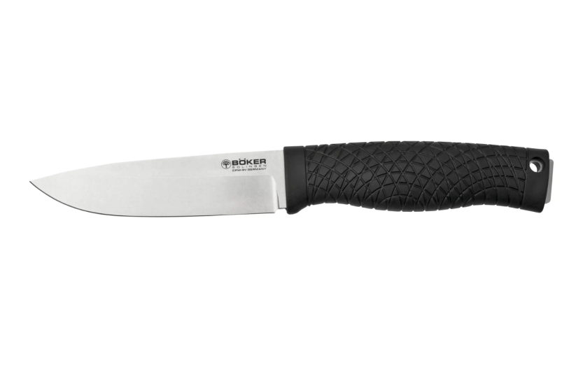 Faca Böker Bronco 121504 Lâmina de aço de 11,3 cm com cabo TPE preto + bainha de couro com iniciador de fogo