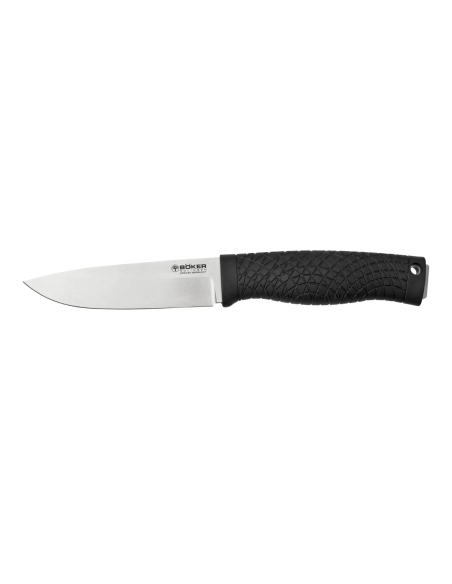 Faca Böker Bronco 121504 Lâmina de aço de 11,3 cm com cabo TPE preto + bainha de couro com iniciador de fogo