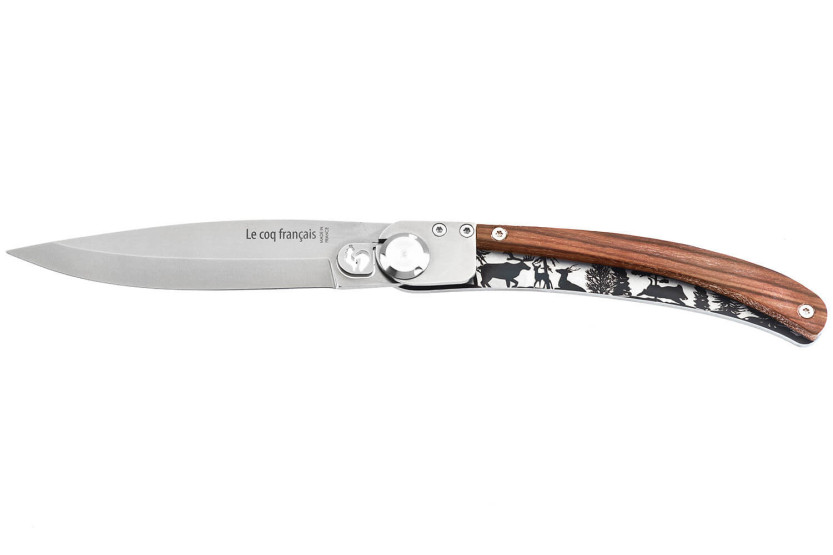 Le Coq Français Forêt foldekniv 11,5 cm i fiolett trehåndtak + slire