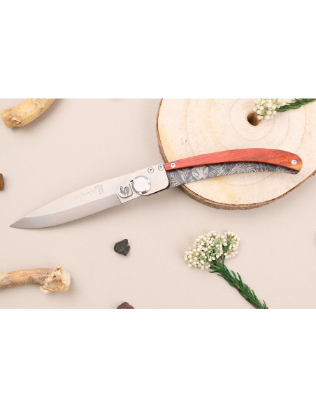 Klappmesser Le Coq Français Safari Red Heart handgefertigt aus rotem Holzgriff 11,5cm + Etui
