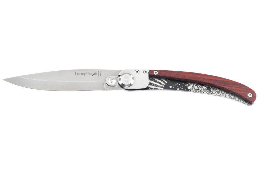 Le Coq Français Soleil Levant Cuchillo plegable Corazón Rojo 11,5cm mango de madera roja + funda