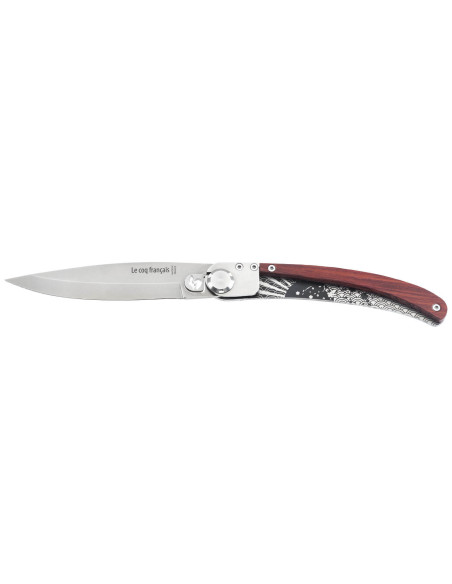 Le Coq Français Soleil Levant Red Heart foldekniv 11,5 cm rødt træhåndtag + skede