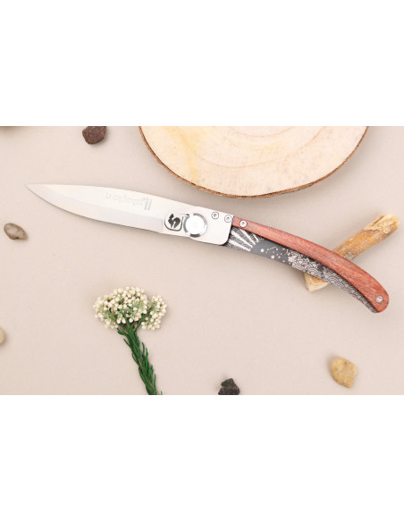 Le Coq Français Soleil Levant Red Heart coltello pieghevole 11,5 cm manico in legno rosso + fodero