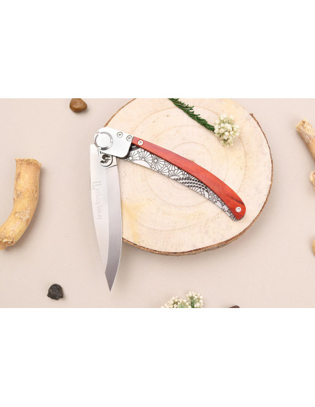Le Coq Français Tokyo fällkniv Red Heart handgjord röd trähandtag 11,5cm + fodral