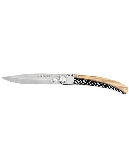 Le Coq Français Keltisk foldekniv med håndtag i oliventræ 11,5 cm + etui