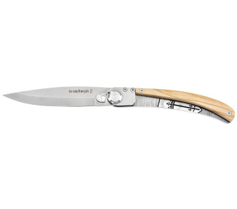 Coltello pieghevole Le Coq Français Giovanna d'Arco con manico in legno d'ulivo 11,5 cm + fodero
