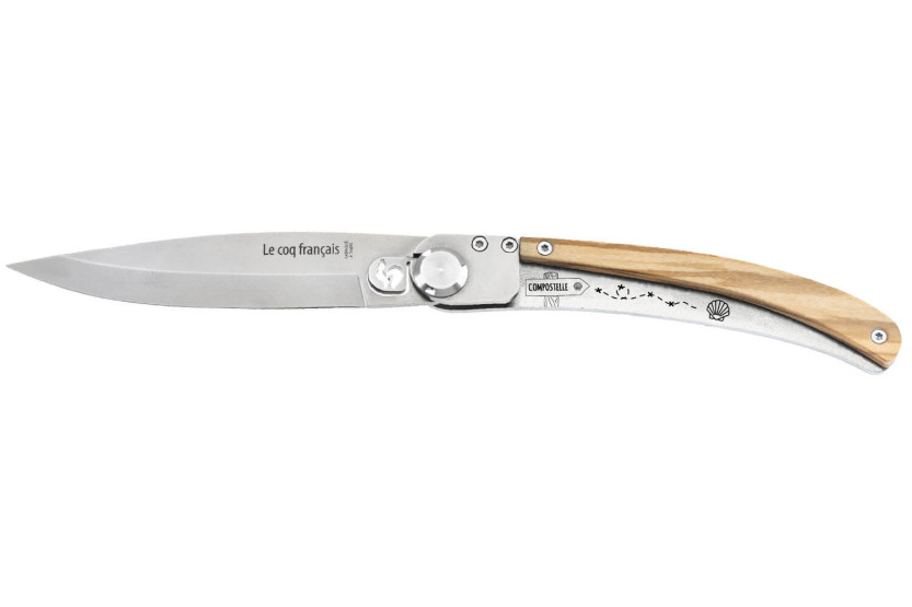 Coltello pieghevole Le Coq Français Chemin de Saint-Jacques con manico in legno d'oliva 11,5 cm + fodero
