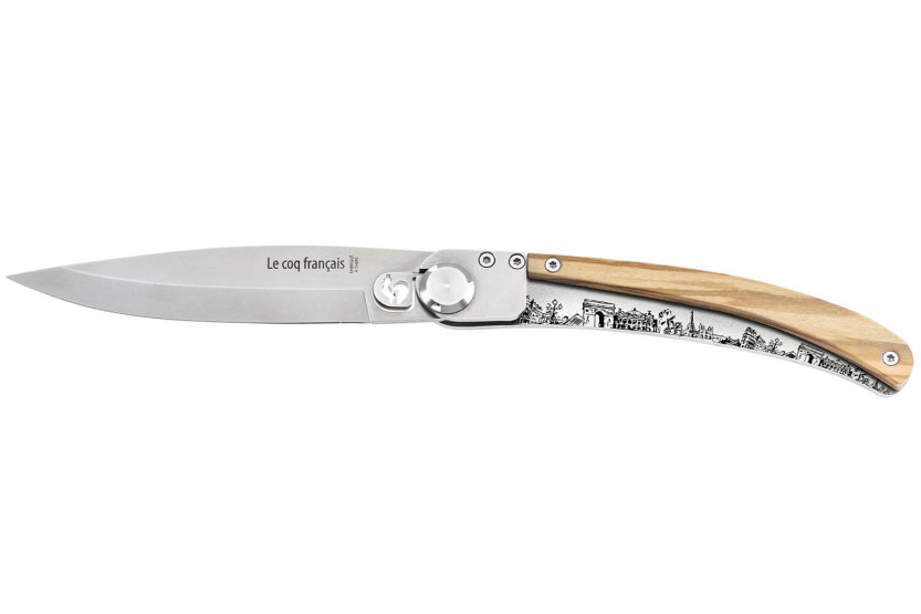 Coltello pieghevole Le Coq Français Paris con manico in legno d'oliva 11,5 cm + fodero