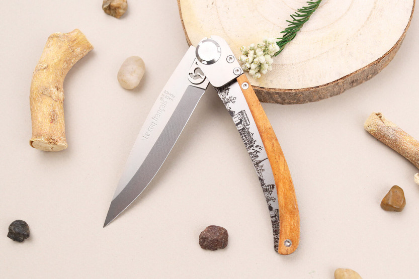 Coltello pieghevole Le Coq Français Paris con manico in legno d'oliva 11,5 cm + fodero