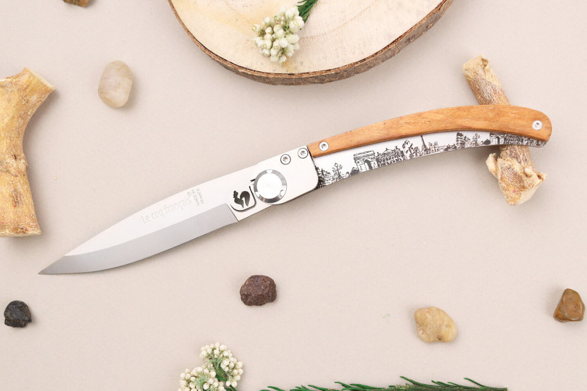 Faca dobrável Le Coq Français Paris com cabo em madeira de oliveira 11,5 cm + bainha