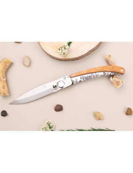Coltello pieghevole Le Coq Français Paris con manico in legno d'oliva 11,5 cm + fodero