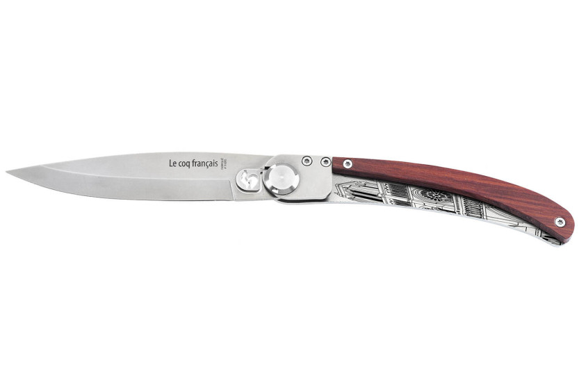 Le Coq Français Notre Dame de Paris foldekniv Red Heart rødt trehåndtak 11,5 cm + slire
