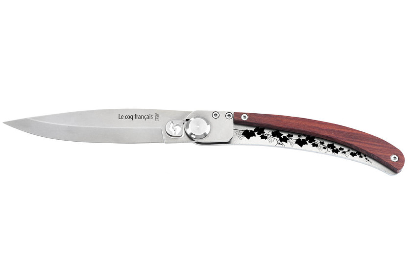 Le Coq Français Cuchillo plegable Corazón Rojo Burdeos con mango de madera roja 11.5cm + funda