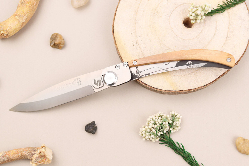 Le Coq Français Rivière folding knife 11.5cm olive wood handle + sheath