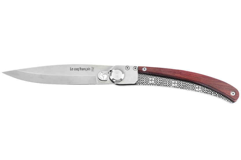 Le Coq Français Charlemagne Red Heart coltello pieghevole 11,5 cm manico in legno rosso + fodero