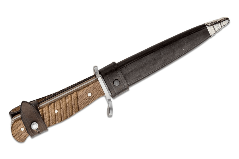 Böker Trench Knife karbonstålblad 14,4 cm valnøtthåndtak + lærhylse