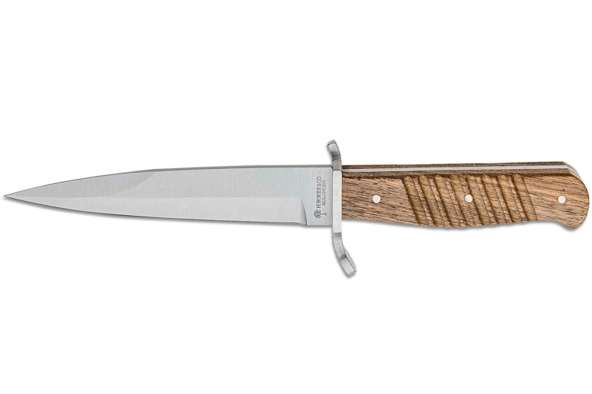 Böker Coltello da trincea lama in acciaio al carbonio 14,4 cm manico in noce + fodero in pelle