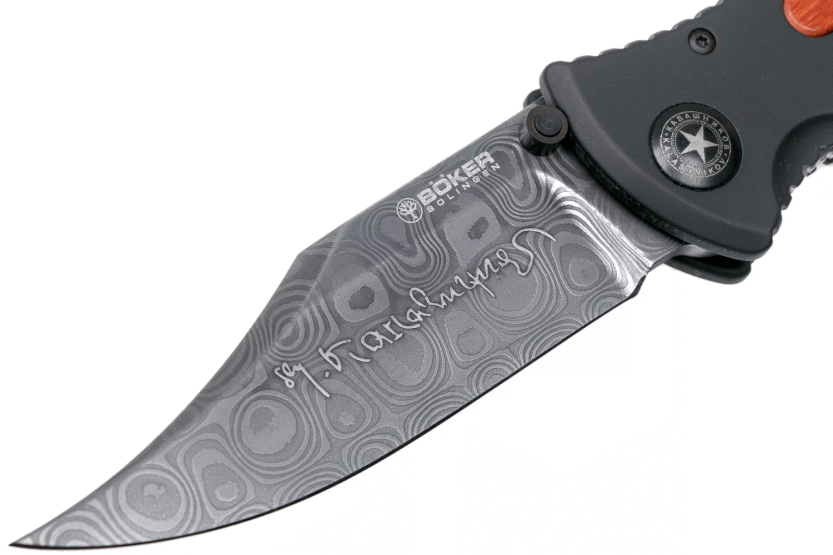 Böker Kalashnikov Bajonet Damaskus foldekniv 11KAL48DAM sort/træ aluminium og jerntræ håndtag 13cm