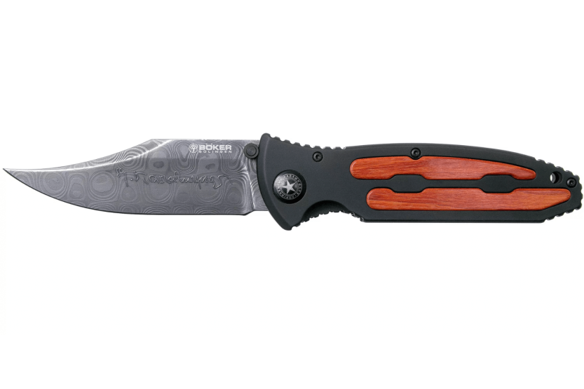 Böker Kalashnikov Bayoneta Damasco cuchillo plegable 11KAL48DAM aluminio y madera de hierro negro / mango de madera 13cm