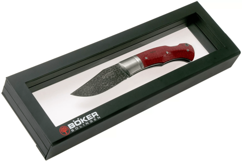 Böker Boxer Damascus taittoveitsi 111025DAM viininpunainen micarta kahva 10.3cm