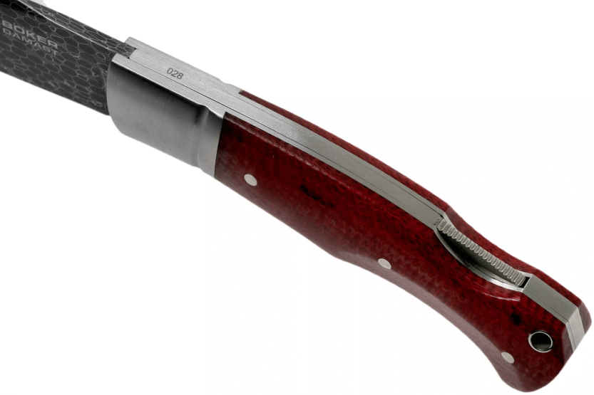 Böker Boxer Damaskus foldekniv 111025DAM burgunder micarta håndtak 10,3 cm