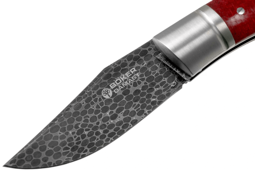 111025DAM Faca dobrável Böker Boxer Damascus com cabo em micarta cor de vinho 10,3 cm
