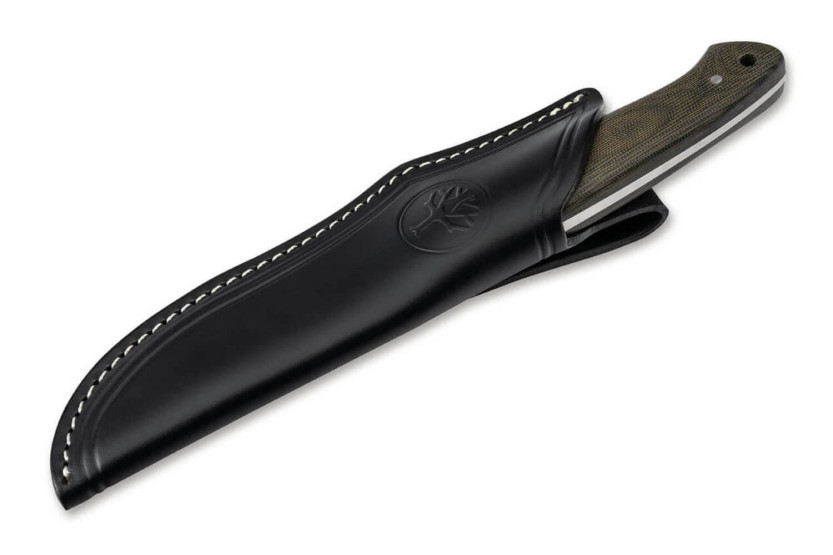 Böker Arbolito Hunter Knife 02BA351M 12 cm stålblad grønt micartahåndtag + sort læderskede