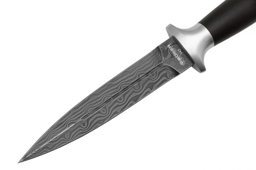 Böker Knife MG-42 121506DAM Damaskusblad 13,5 cm jerntræhåndtag + læderskede