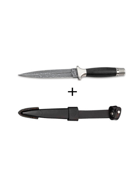Böker Mes MG-42 121506DAM Damascus lemmet 13,5cm ijzerhouten handvat + lederen schede