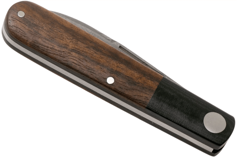 Böker Barlow Prime Tirpitz Damascus folding knife 117942DAM black micarta and walnut handle 8.4cm + felt sheath