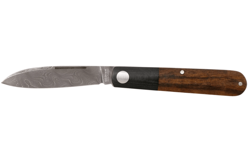 Böker Barlow Prime Tirpitz Damascus taittoveitsi 117942DAM musta micarta ja pähkinä kahva 8.4cm + huopatuppi