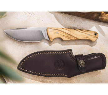 Böker Arbolito Vultur 02BA415 kniv 9,8 cm stålblad oliventræhåndtag + læderskede 2