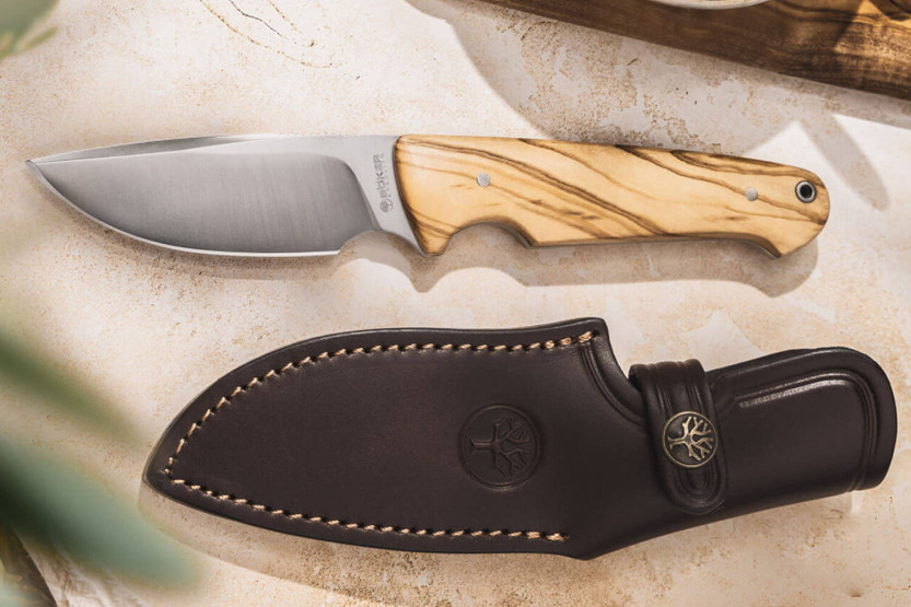 Böker Arbolito Vultur Messer 02BA415 Stahlklinge 9,8cm Olivenholzgriff + Lederetui
